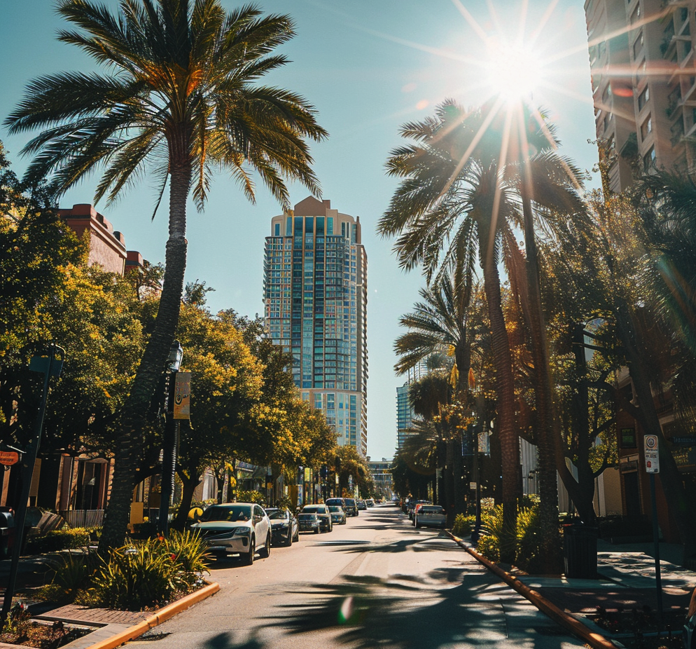 Sunny St. Petersburg street flanked by palm trees with a high-rise building housing an immigration attorney in the background.