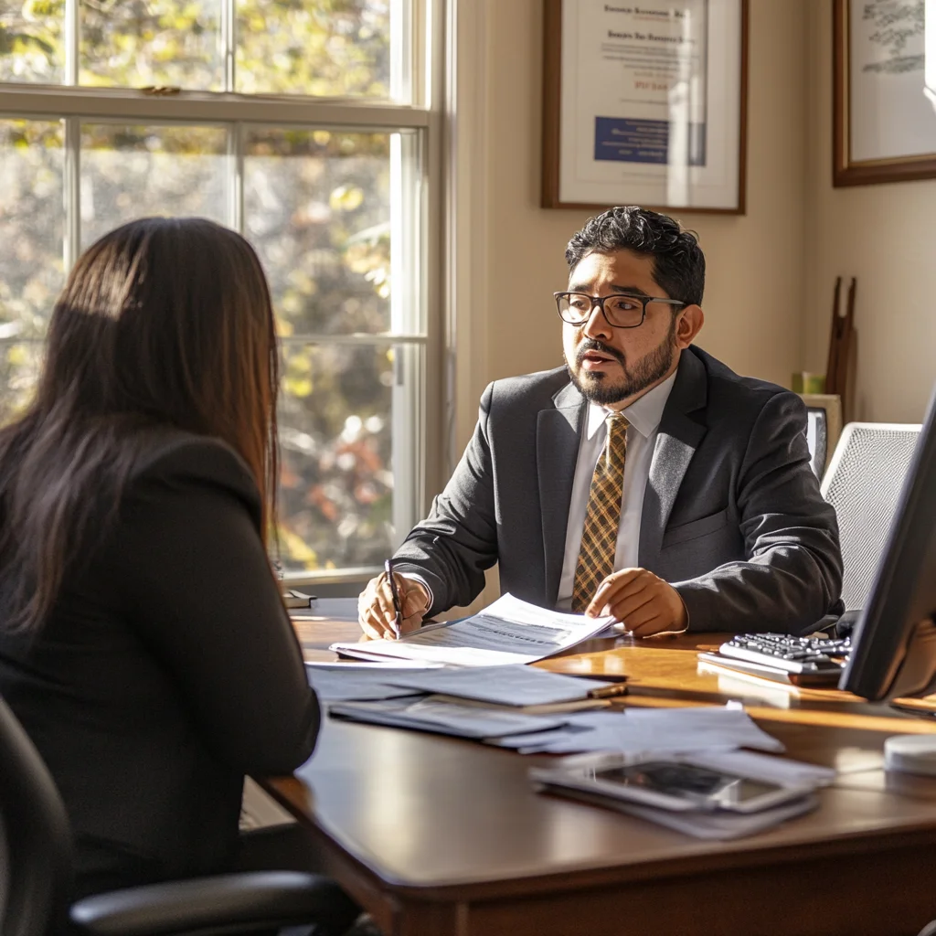 A client talking with a lawyer about the green card process.